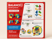 Caja posterior con contenido e instrucciones del juego Balance Building Blocks