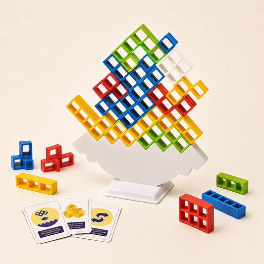 Juego de equilibrio con 48 bloques de colores, pedestal y tarjetas